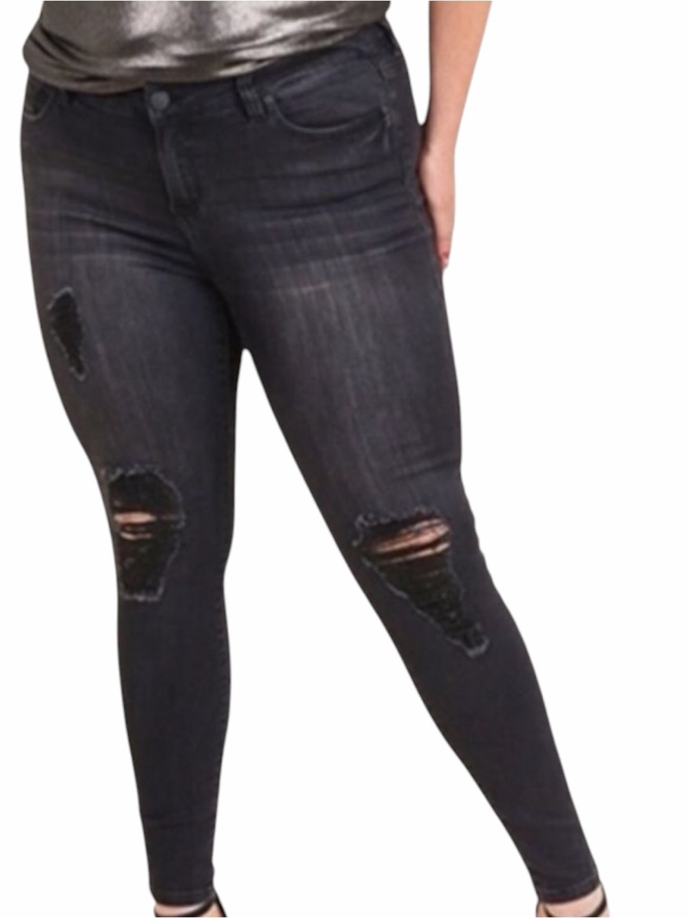 Black Mid Rise Distressed Denim Ankle Skinny Ankle Jeans Plus 18 NWT
